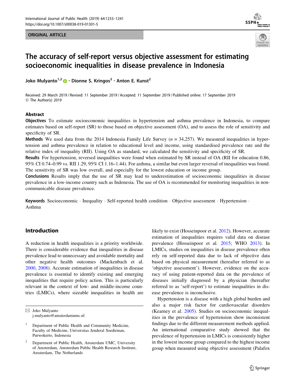 The Accuracy of Self-Report Versus Objective Assessment for Estimating Socioeconomic Inequalities in Disease Prevalence in Indonesia