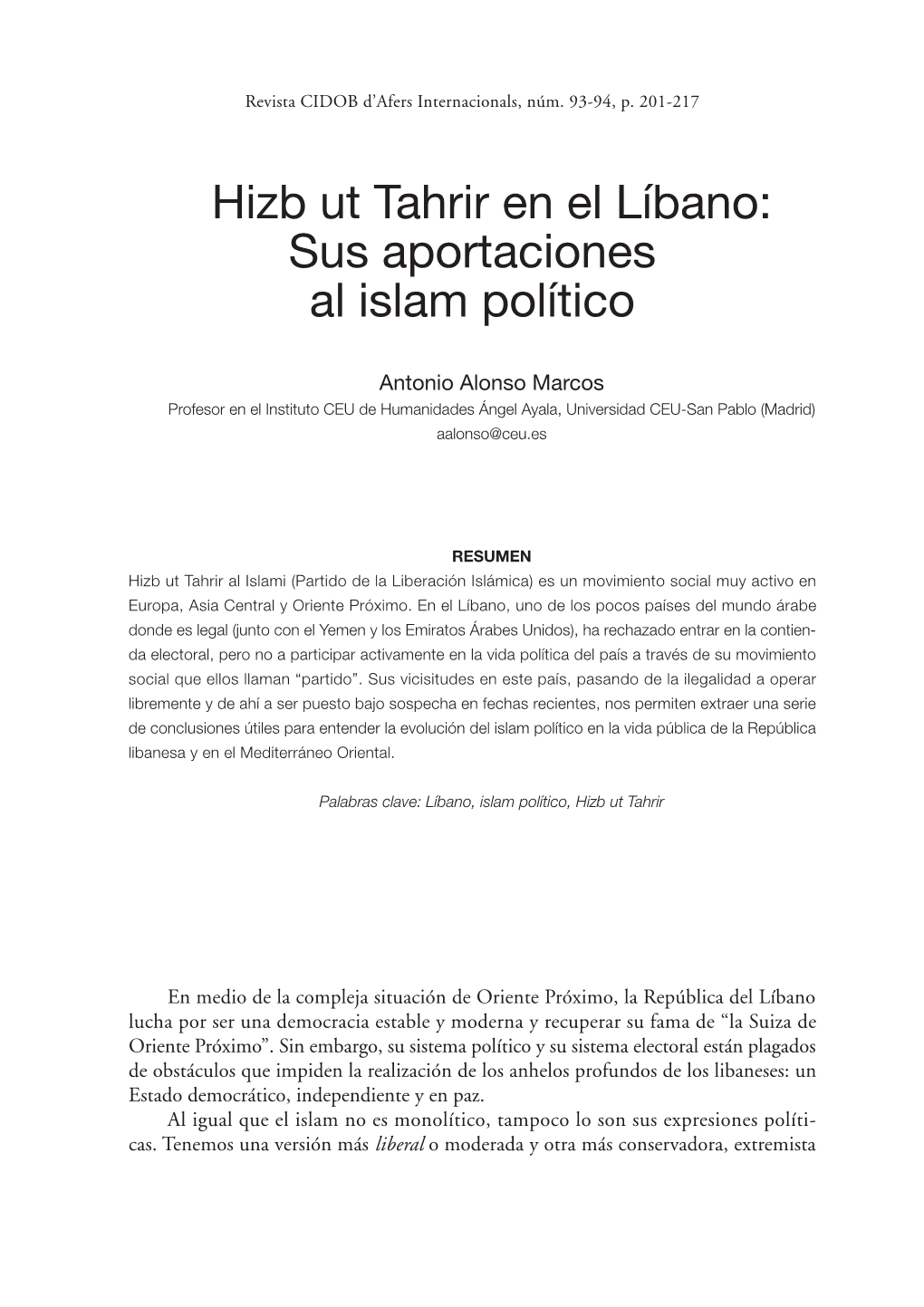 Hizb Ut Tahrir En El Líbano: Sus Aportaciones Al Islam Político