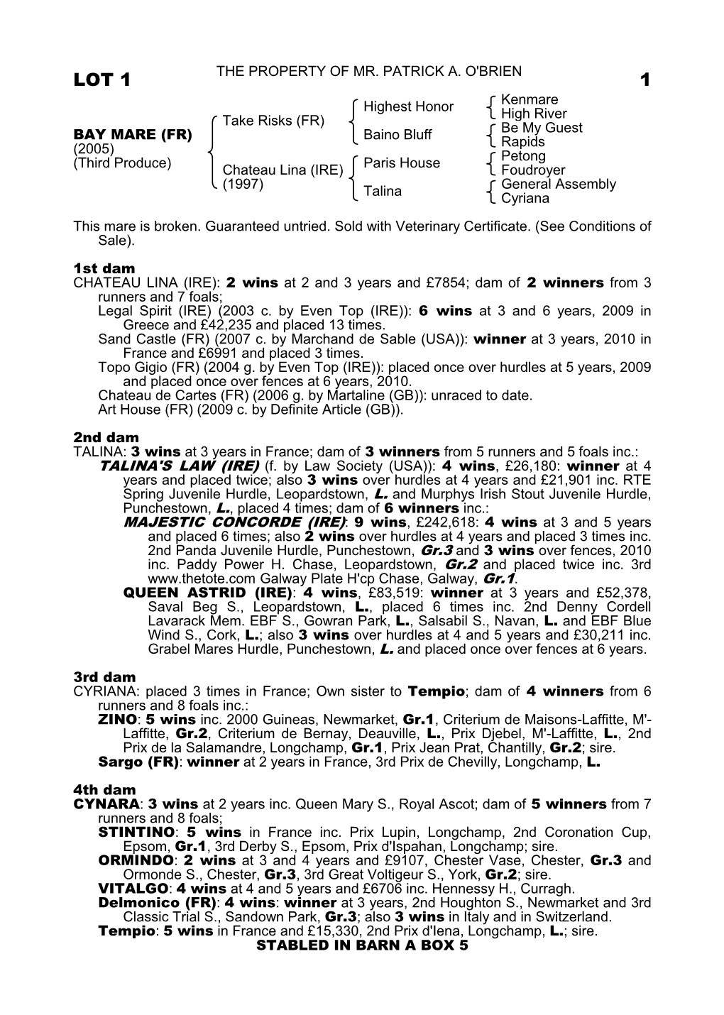 Tattersalls Catalogue Page