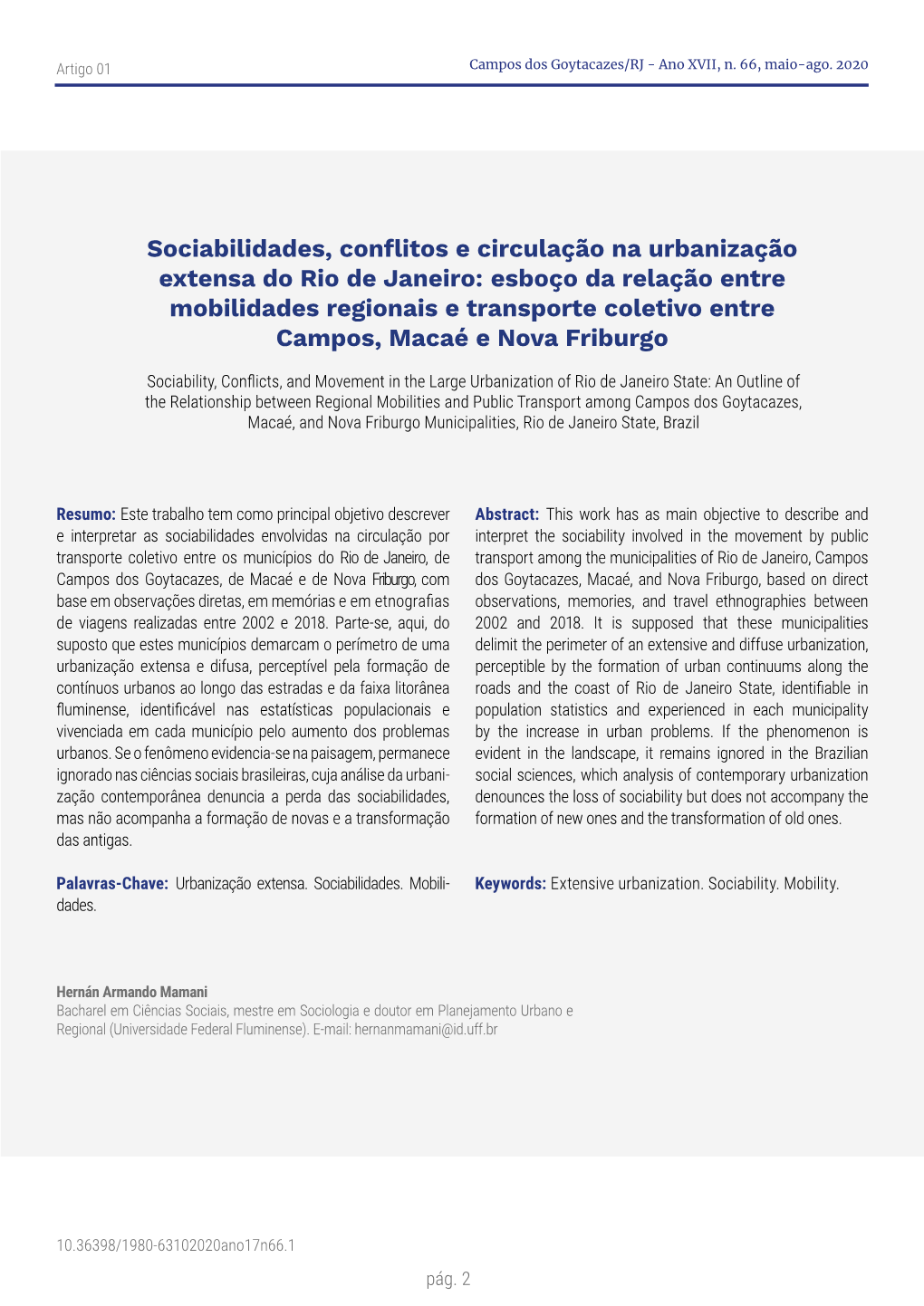 Sociabilidades, Conflitos E Circulação Na Urbanização Extensa Do Rio De Janeiro