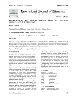 Phytochemical and Pharmacological Study on Argemone Mexicana Linn (Papaveraceae)