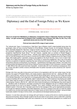 Diplomacy and the End of Foreign Policy As We Know It Written by Stephen Chan