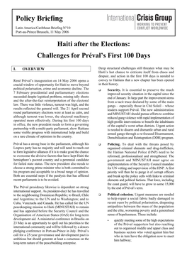 Haiti After the Elections: Challenges for Préval’S First 100 Days