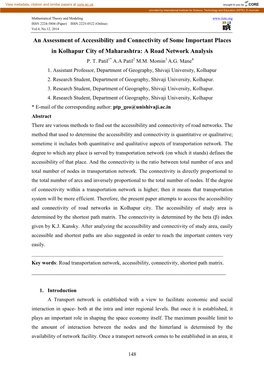 An Assessment of Accessibility and Connectivity of Some Important Places in Kolhapur City of Maharashtra: a Road Network Analysis P