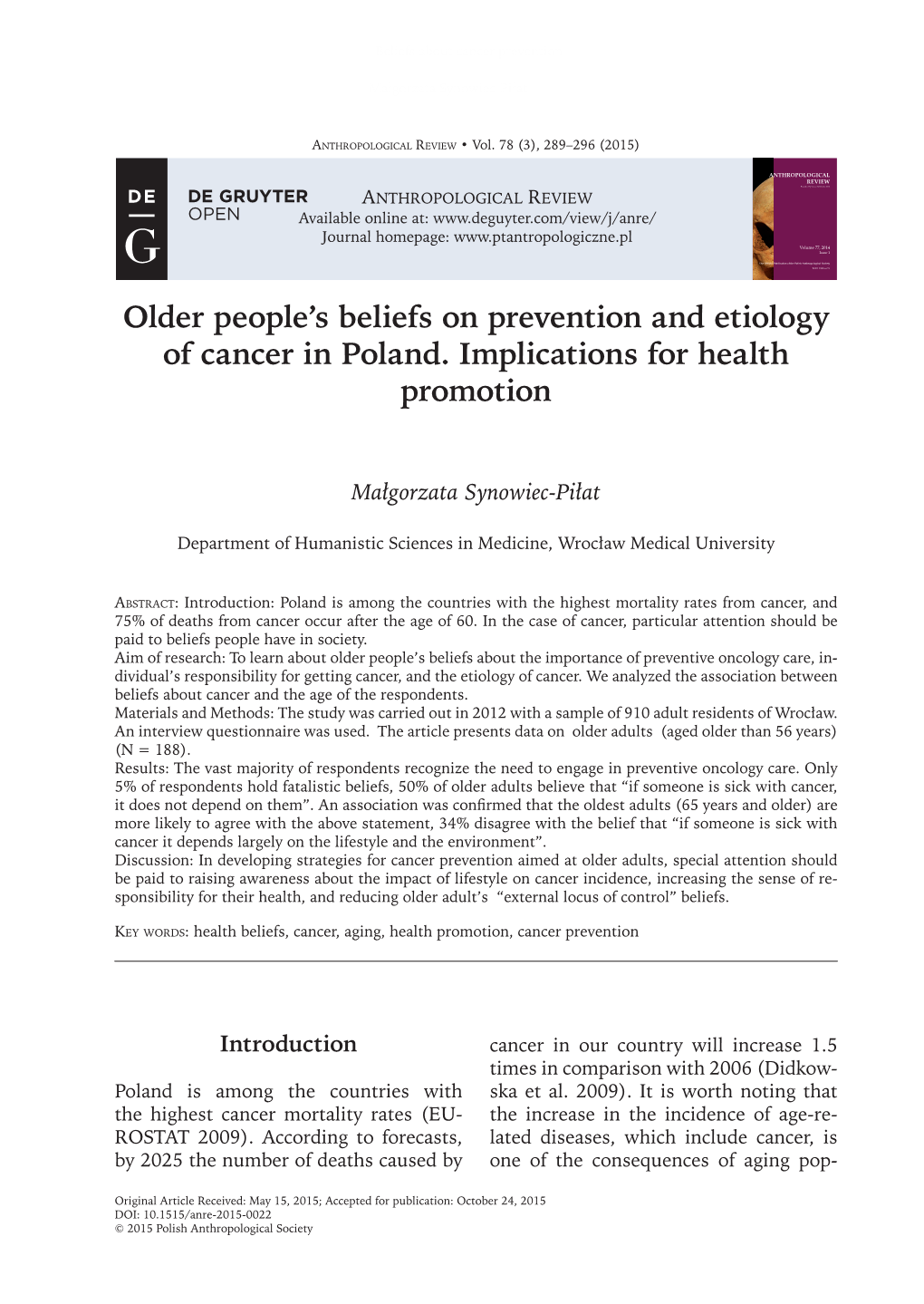 Older People's Beliefs on Prevention and Etiology of Cancer in Poland