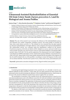 Ultrasound-Assisted Hydrodistillation of Essential Oil from Celery Seeds (Apium Graveolens L.) and Its Biological and Aroma Prof