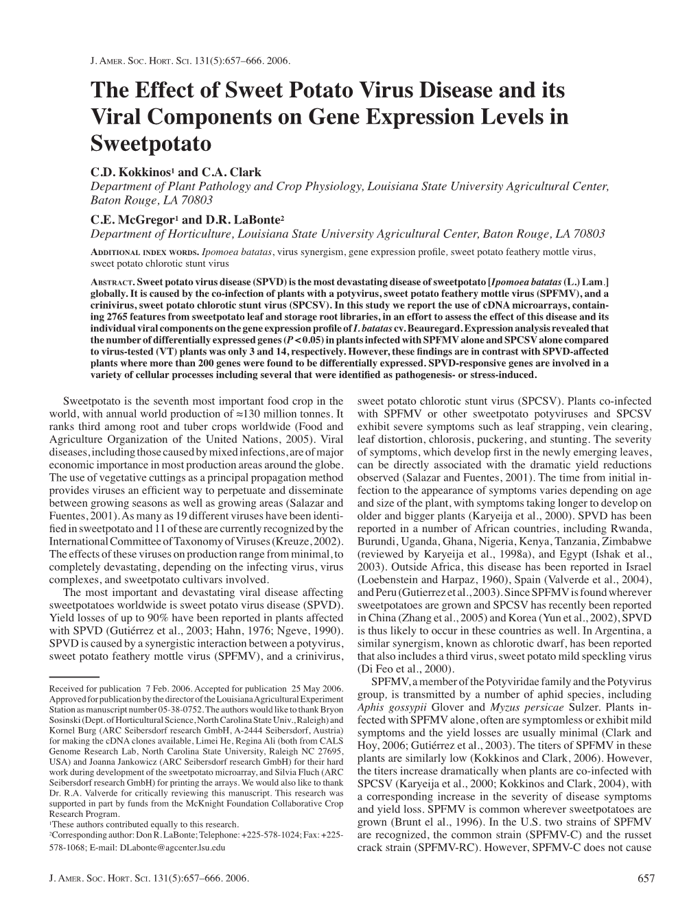 The Effect of Sweet Potato Virus Disease and Its Viral Components on Gene Expression Levels in Sweetpotato C.D