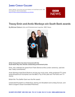 Tracey Emin and Arctic Monkeys Win South Bank Awards,” BBC News, January 27, 2014