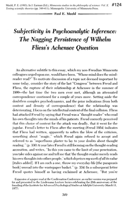 Subjectivity in Psychoanalytic Inference: the Nagging Persistence of Wilhelm Fliess' S Achensee Question