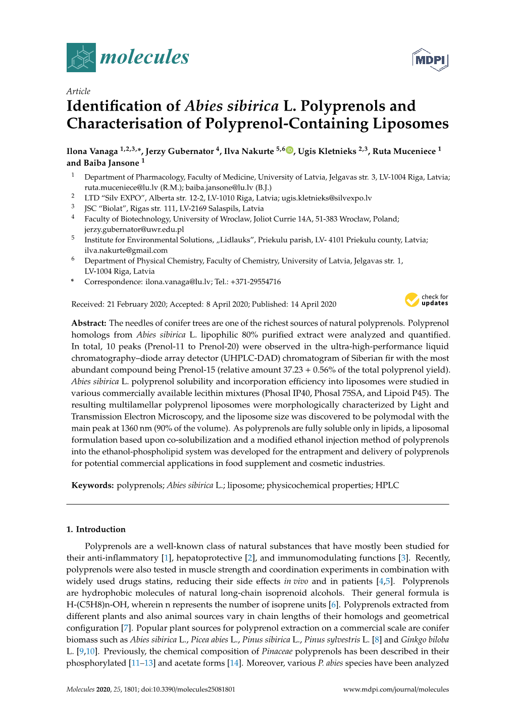 Identification of Abies Sibirica L. Polyprenols and Characterisation Of