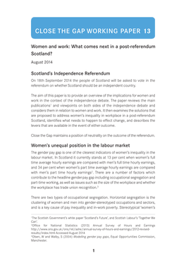 Women and Work: What Comes Next in a Post-Referendum Scotland? August 2014