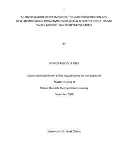 An Investigation on the Impact of the Land Redistribution and Development (Lrad) Programme with Special Reference to the Tsomo Valley Agricultural Co-Operative Farms