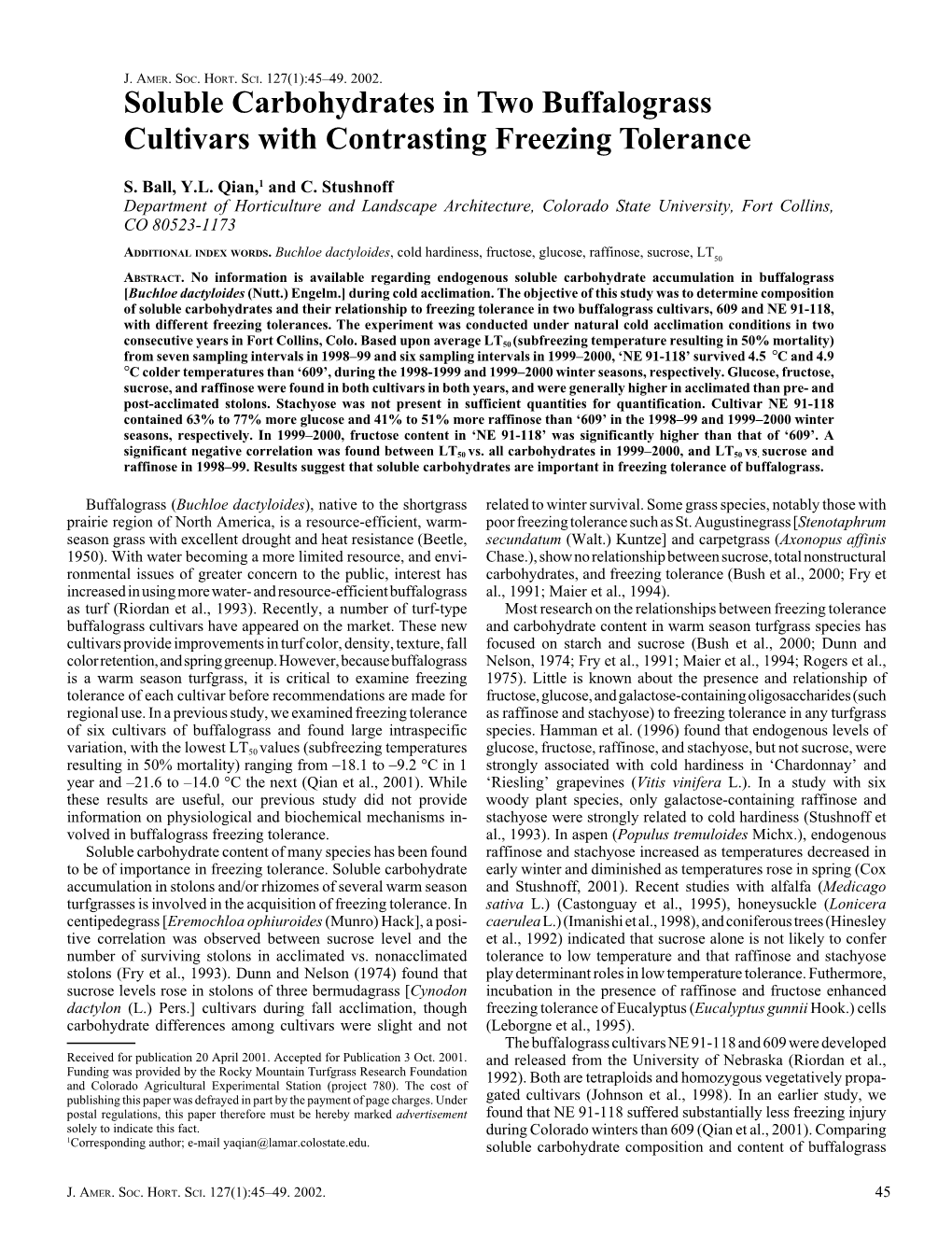 Soluble Carbohydrates in Two Buffalograss Cultivars with Contrasting Freezing Tolerance