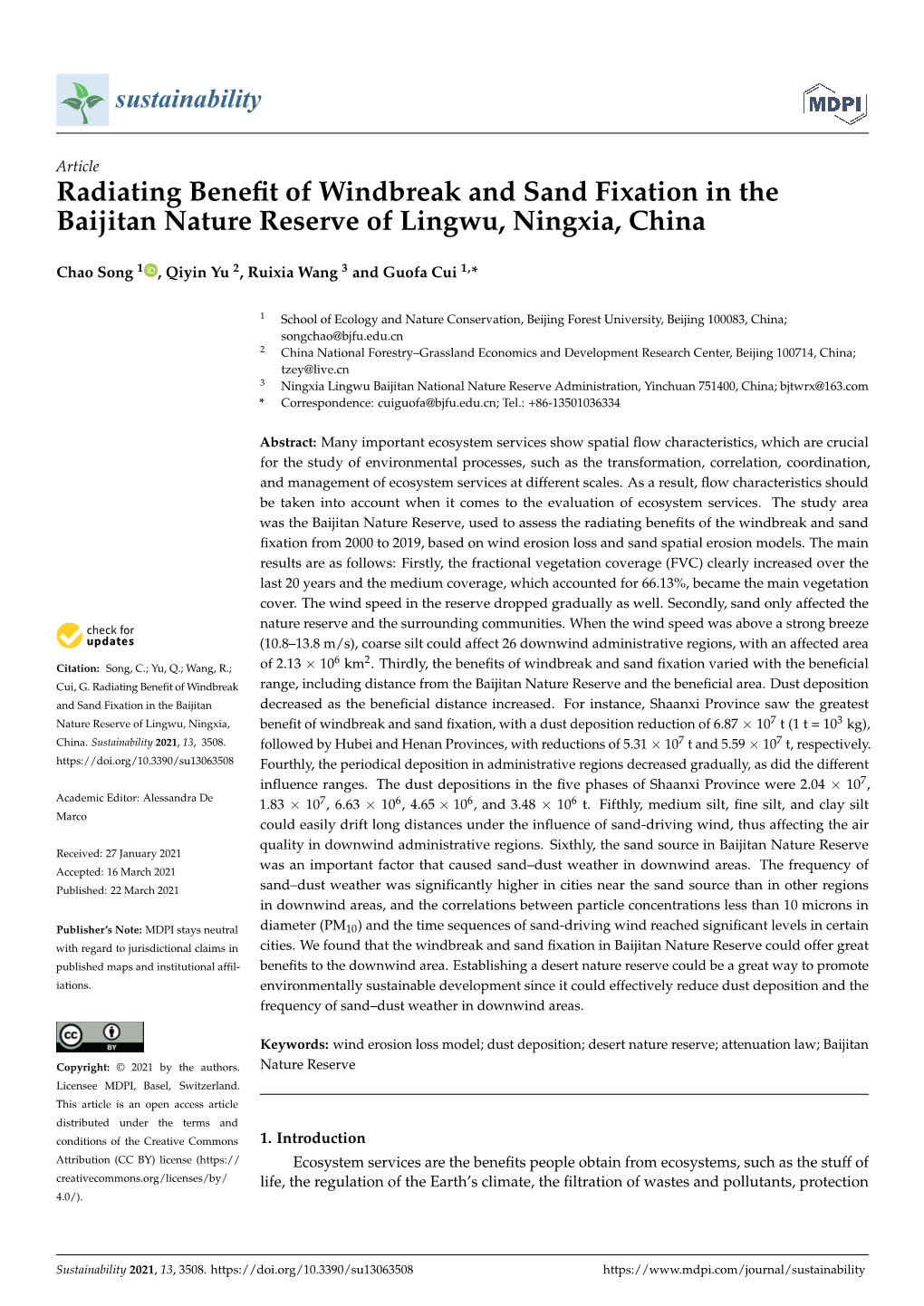 Radiating Benefit of Windbreak and Sand Fixation in the Baijitan Nature