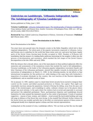 Liulevicius on Landsbergis, 'Lithuania Independent Again: the Autobiography of Vytautas Landsbergis'