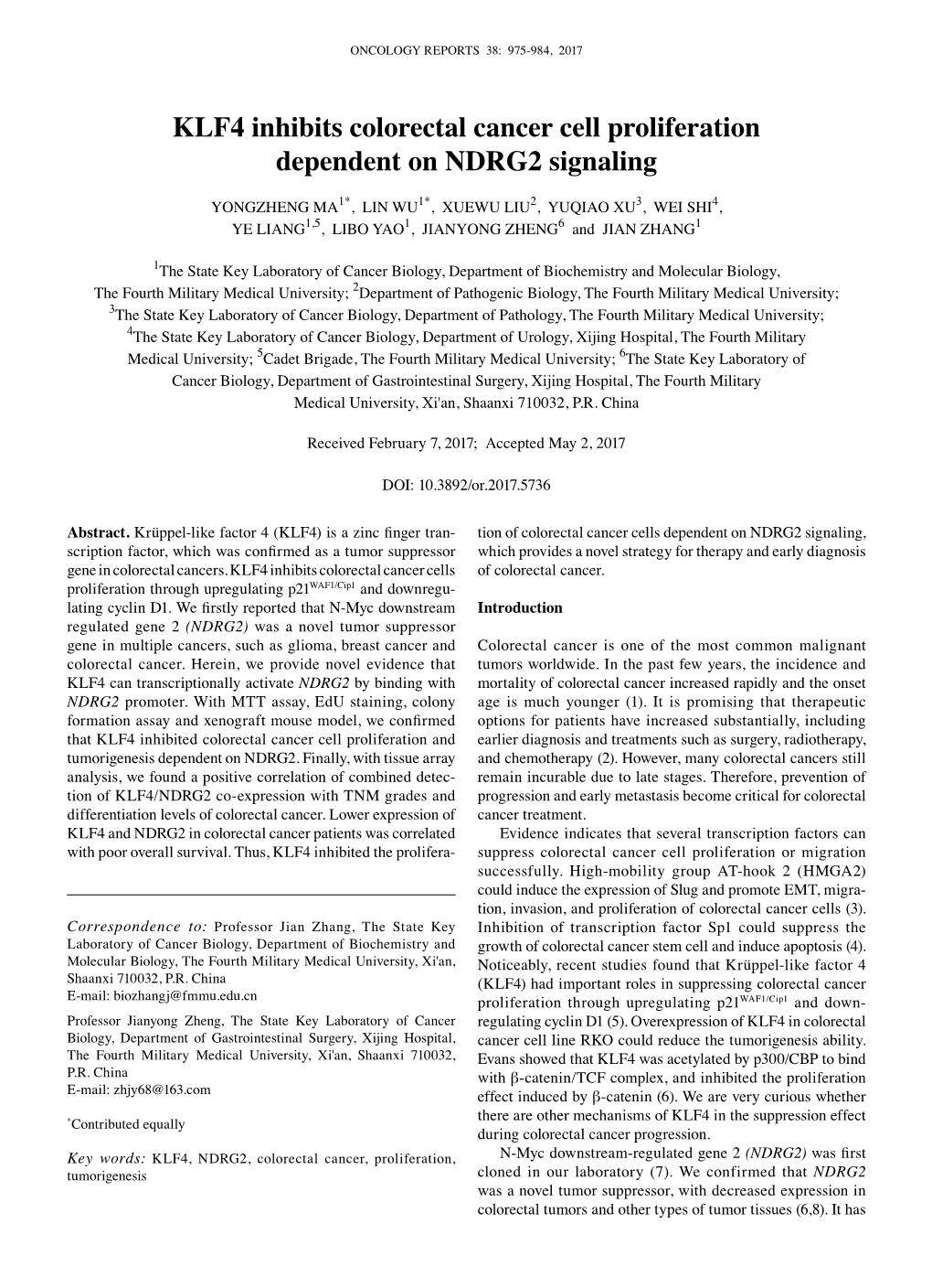 KLF4 Inhibits Colorectal Cancer Cell Proliferation Dependent on NDRG2 Signaling