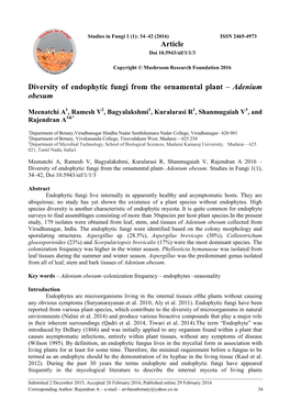 Diversity of Endophytic Fungi from the Ornamental Plant – Adenium Obesum