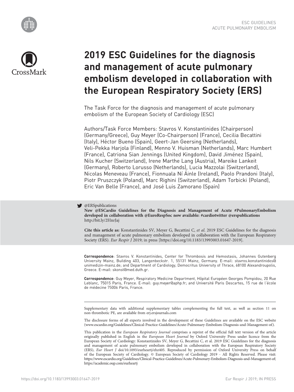 2019 ESC Guidelines for the Diagnosis and Management of Acute Pulmonary Embolism Developed in Collaboration with the European Respiratory Society (ERS)