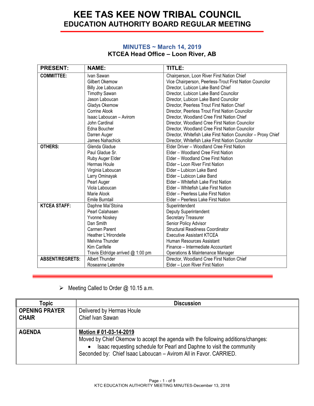 Kee Tas Kee Now Tribal Council Education Authority Board Regular Meeting