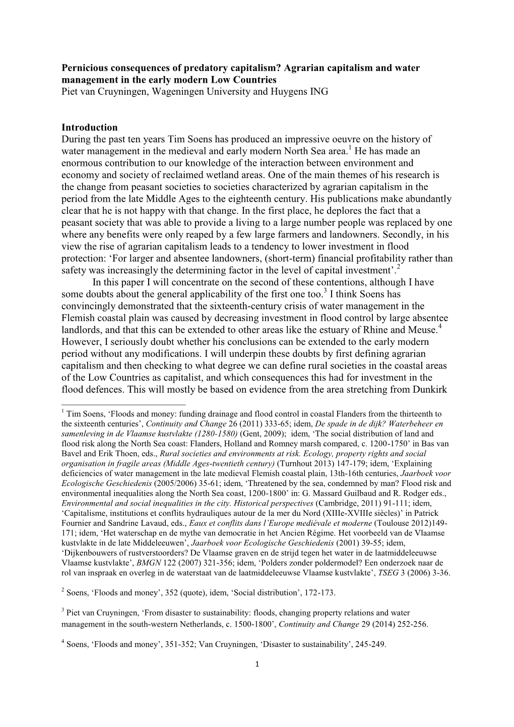 Pernicious Consequences of Predatory Capitalism? Agrarian Capitalism and Water Management in the Early Modern Low Countries Piet