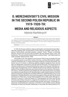 D. Merezhkovsky's Civil Mission in the Second Polish Republic in 1919