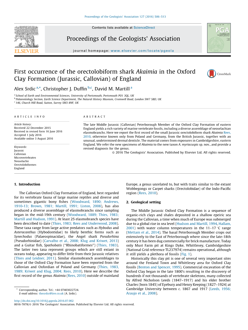 First Occurrence of the Orectolobiform Shark Akaimia in the Oxford Clay