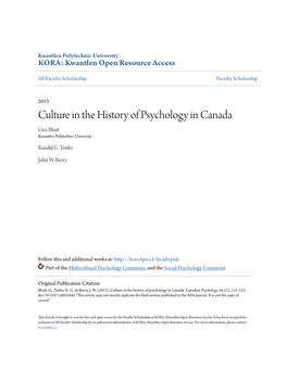 Culture in the History of Psychology in Canada Gira Bhatt Kwantlen Polytechnic University