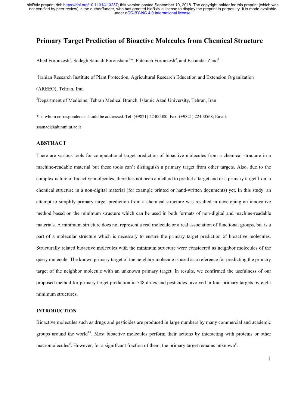 Primary Target Prediction of Bioactive Molecules from Chemical Structure