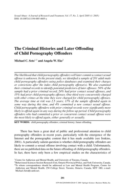 The Criminal Histories and Later Offending of Child Pornography Offenders