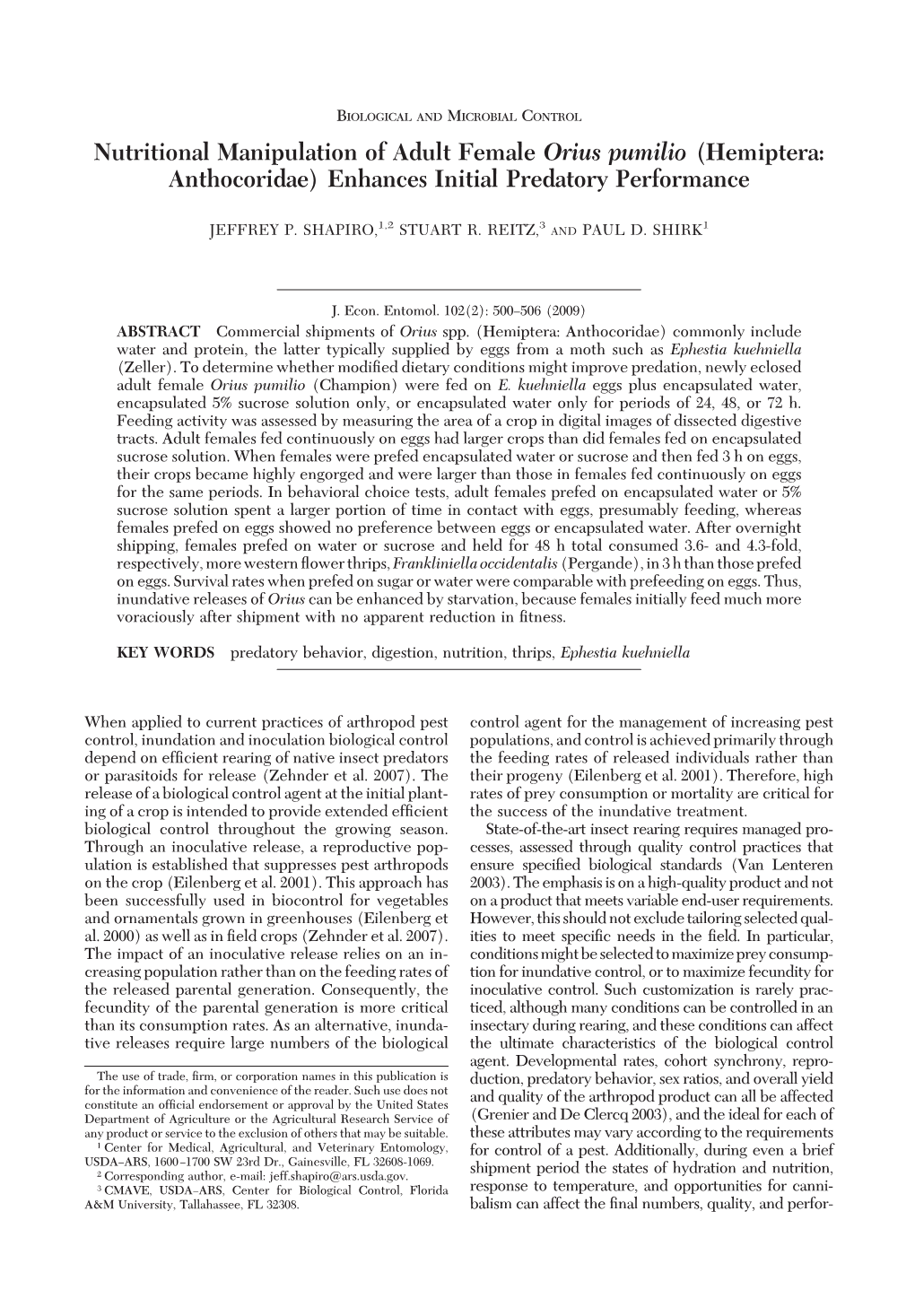 Nutritional Manipulation of Adult Female Orius Pumilio (Hemiptera: Anthocoridae) Enhances Initial Predatory Performance