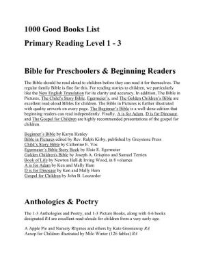 1000 Good Books List Primary Reading Level 1 - 3