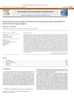 Assessment of Wind Energy Resources for Electricity Generation Using WECS in North-Central Region, Nigeria
