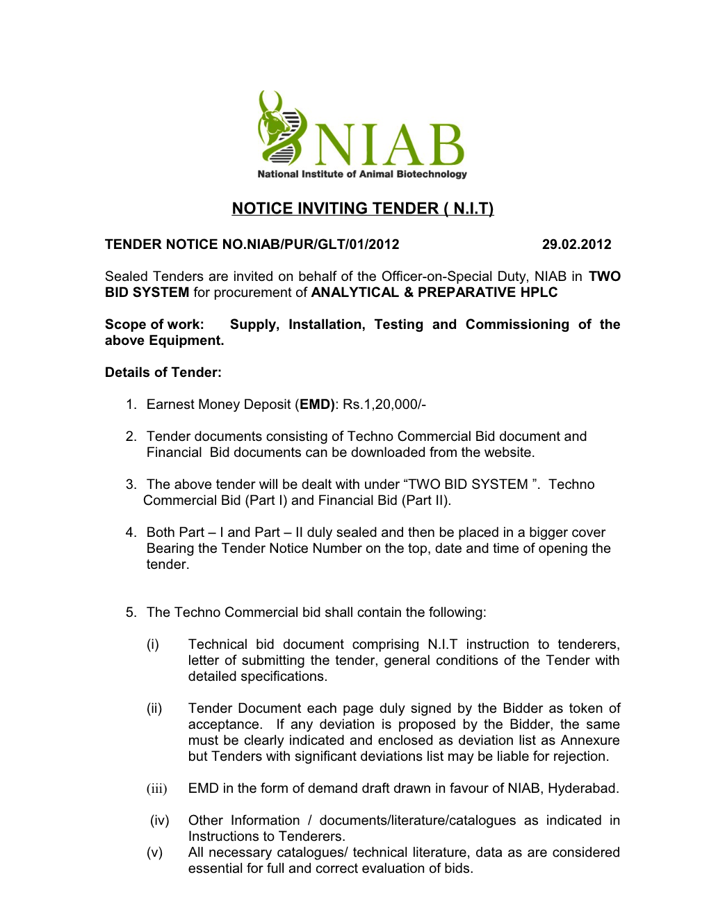 Tender Notice No.Niab/Pur/Glt/01/2012 29.02.2012