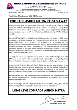 Comrade Ashok Mitra Passes Away Long Live