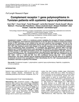Complement Receptor 1 Gene Polymorphisms in Tunisian Patients with Systemic Lupus Erythematosus