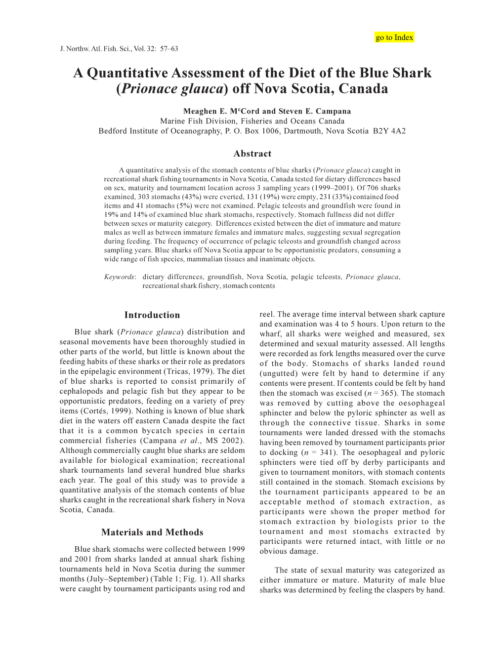 A Quantitative Assessment of the Diet of the Blue Shark (Prionace Glauca) Off Nova Scotia, Canada