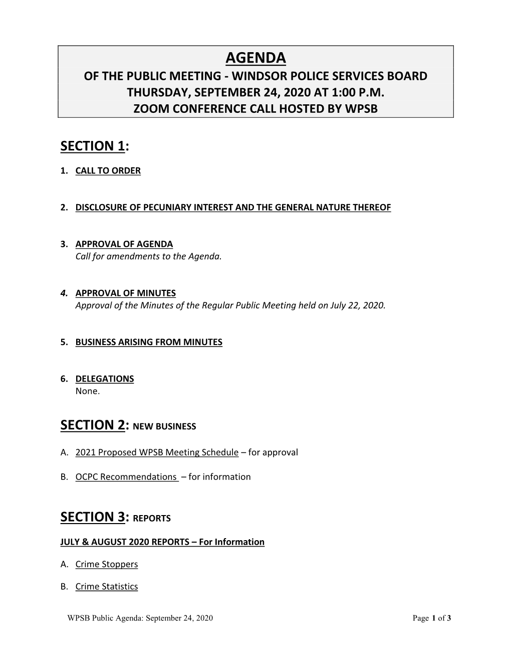 Agenda of the Public Meeting - Windsor Police Services Board Thursday, September 24, 2020 at 1:00 P.M