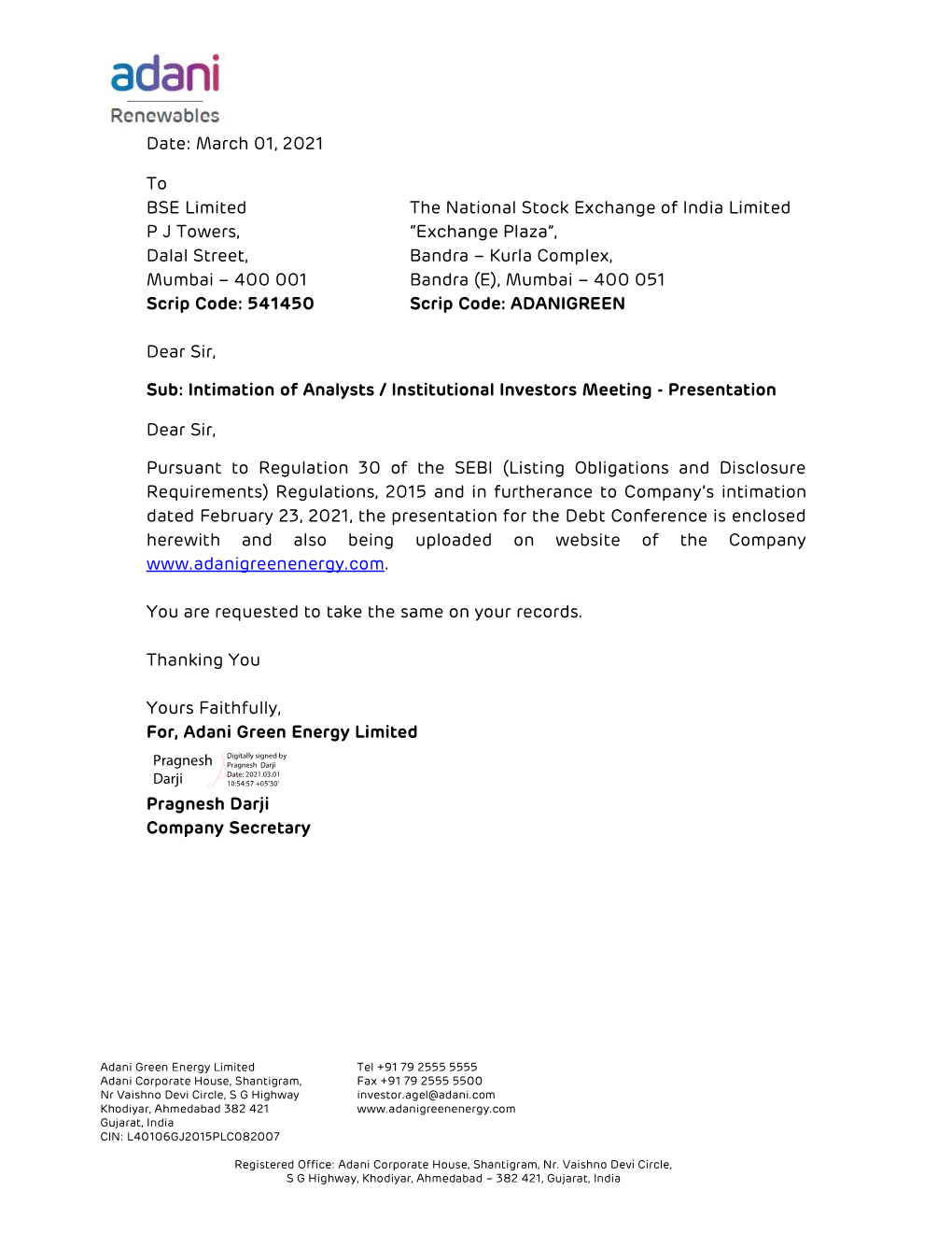 Date: March 01, 2021 to BSE Limited the National