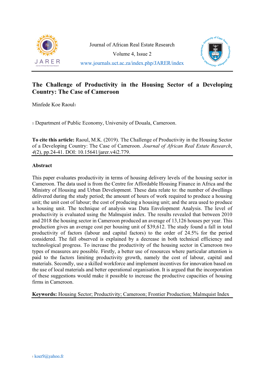 The Challenge of Productivity in the Housing Sector of a Developing Country: the Case of Cameroon