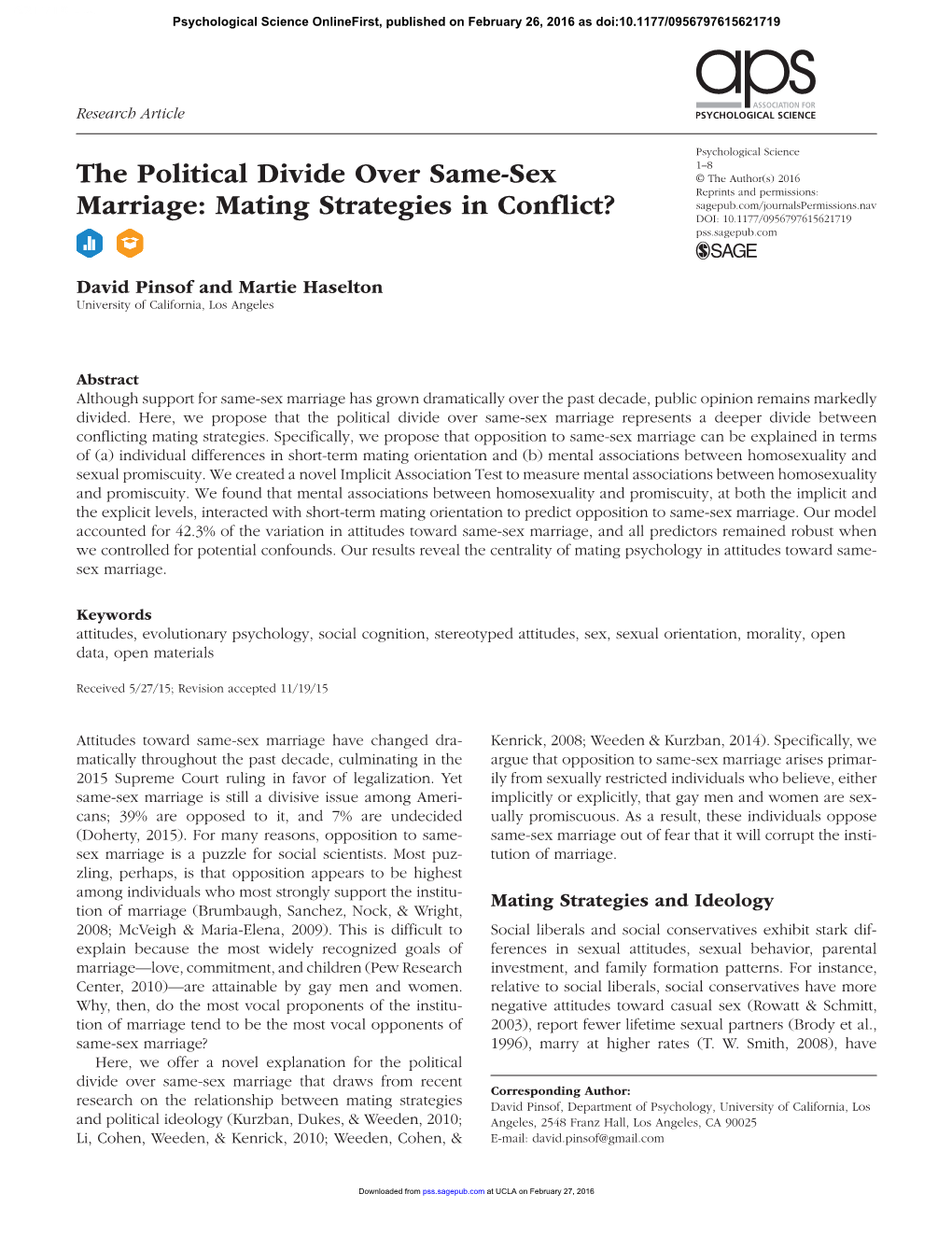 The Political Divide Over Same-Sex Marriage Represents a Deeper Divide Between Conflicting Mating Strategies