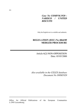 Case No COMP/M.1920 - NABISCO / UNITED BISCUITS