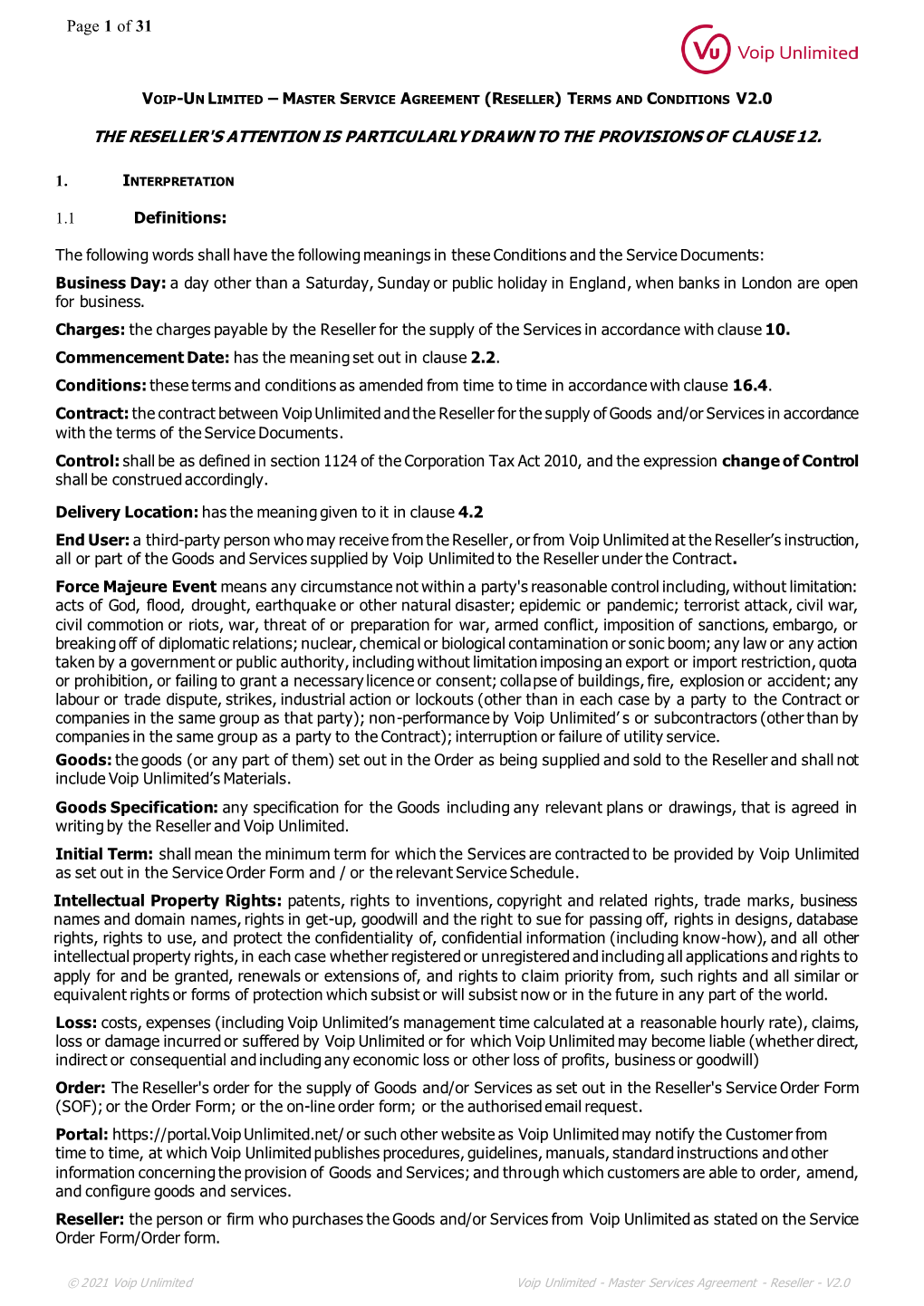 Master Services Agreement - Reseller - V2.0 Page 2 of 31