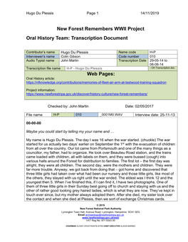 New Forest Remembers WWII Project Oral History Team: Transcription Document