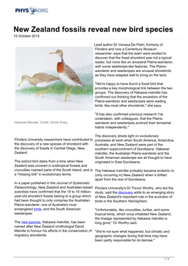 New Zealand Fossils Reveal New Bird Species 15 October 2015