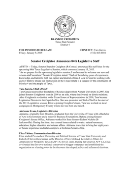 Senator Creighton Announces 84Th Legislative Staff