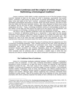 Cesare Lombroso and the Origins of Criminology: Rethinking Criminological Tradition1