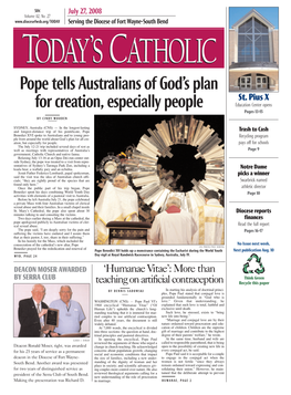 Pope Tells Australians of God's Plan for Creation, Especially People