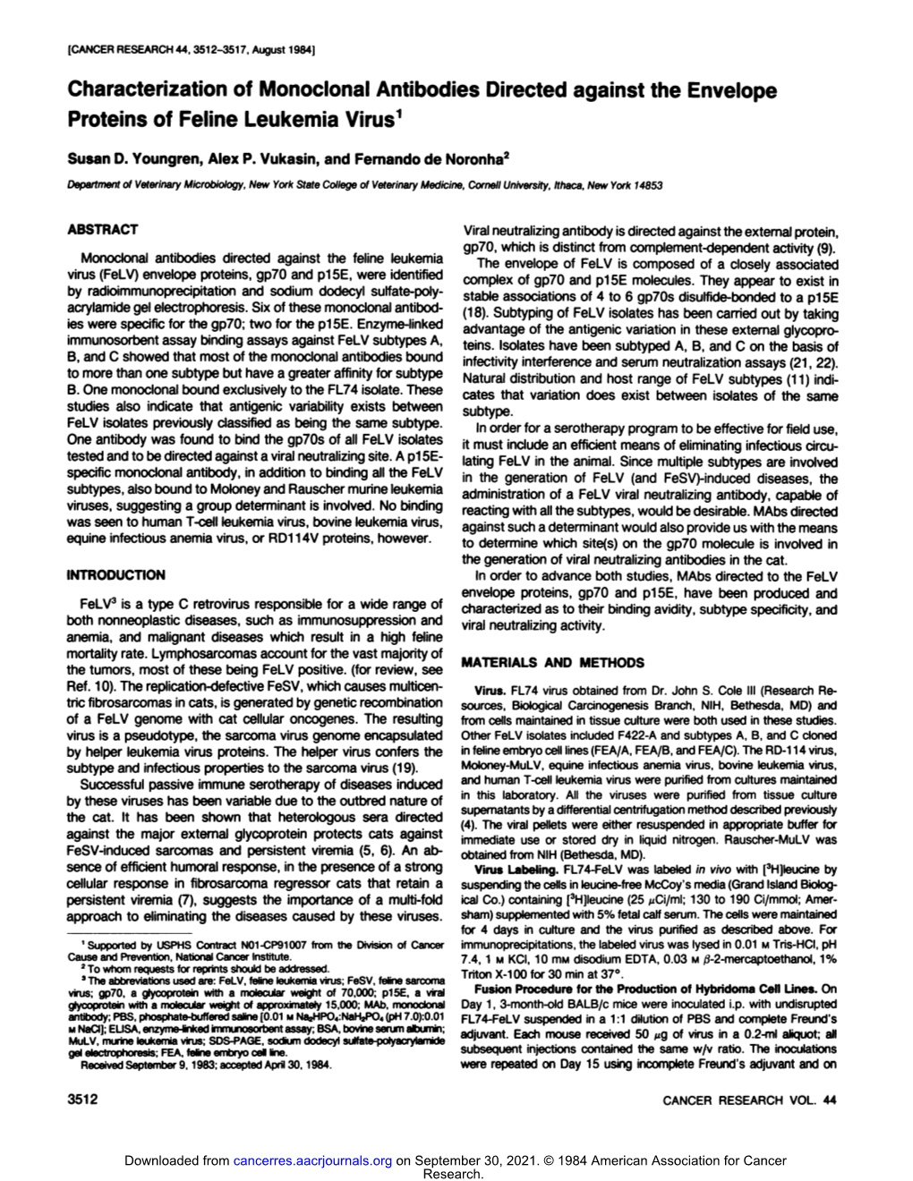 Characterization of Monoclonal Antibodies Directed Against the Envelope Proteins of Feline Leukemia Virus1