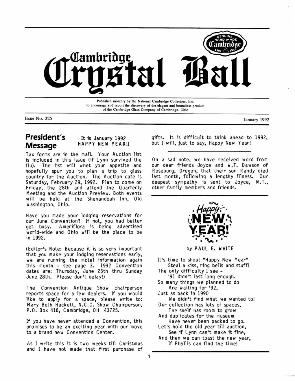 Crystal Ball Newsletter January 1992