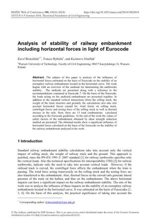 Analysis of Stability of Railway Embankment Including Horizontal Forces in Light of Eurocode